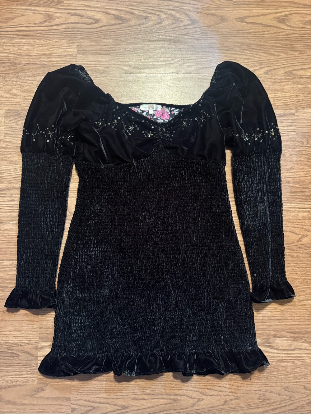 LoveShackFancy Black Velvet Smocked Dress with Puff Sleeves